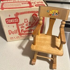 Adorable vintage Strombecker wooden doll rocking chair in original box 8…